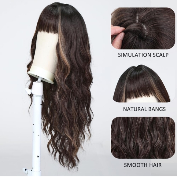Long Curly Brown with Blonde Highlight Wigs with Bangs 26 in - Picture 3 of 6
